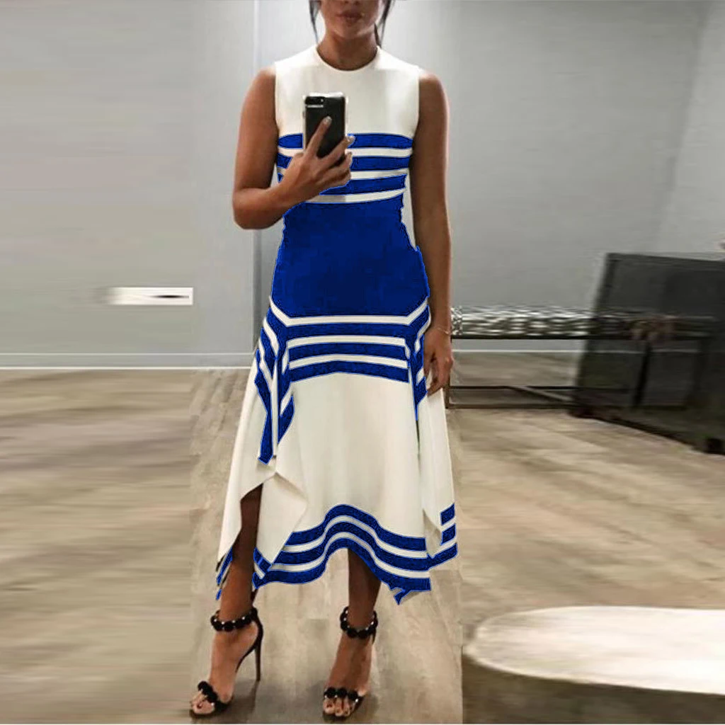 Elegant Striped Print Women Dress Side Split O-Neck Sleeveless Fitted Waist Casual Tank Summer Office Lady Plus Size | Женская одежда