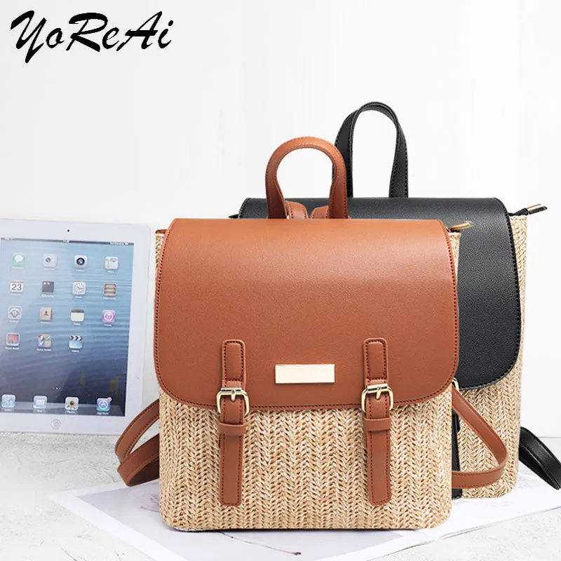 

YoReAi 2021 Hot! Women Straw Rattan Woven Travel Backpacks Girls Summer Beach Shoulder Schoolbags Tablet Shopping Travel Bag