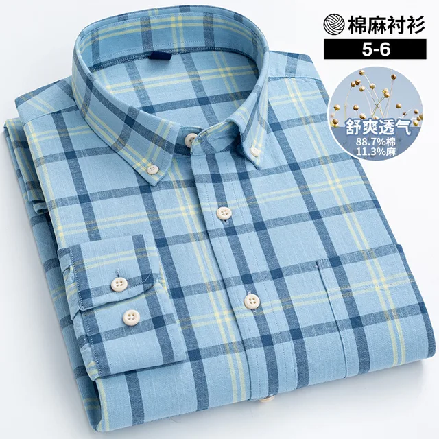 Pure Color Hemp Shirt Striped Plaid Middle-aged Business Slim Fit Shirt Men Longsleeve Shirt for Men Button Down Shirts for Men 6