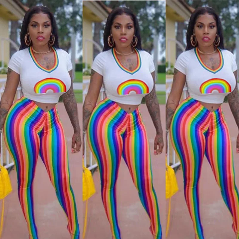 

Rainbow Print Short Sleeve Short Top Colorful Striped Tights Women's Two Piece Street Dress Hot Girl Casual Fashion Two Piece