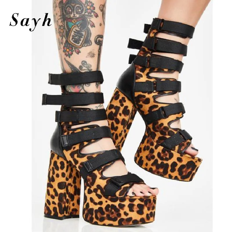 

Fashion Sandals Women Leopard High Top Sandals Peep Toe Pumps Platform High Heels Sandals High Top Chunky Heel Runway Sexy Shoes