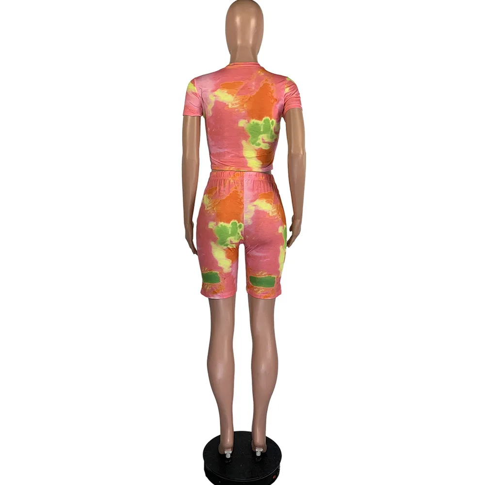 

Women Tracksuit Hollow Out Tie Dye Print Turtleneck Short Sleeve Crop Top Above Knee Shorts Elastic Waist Skinny Two Piece Sets