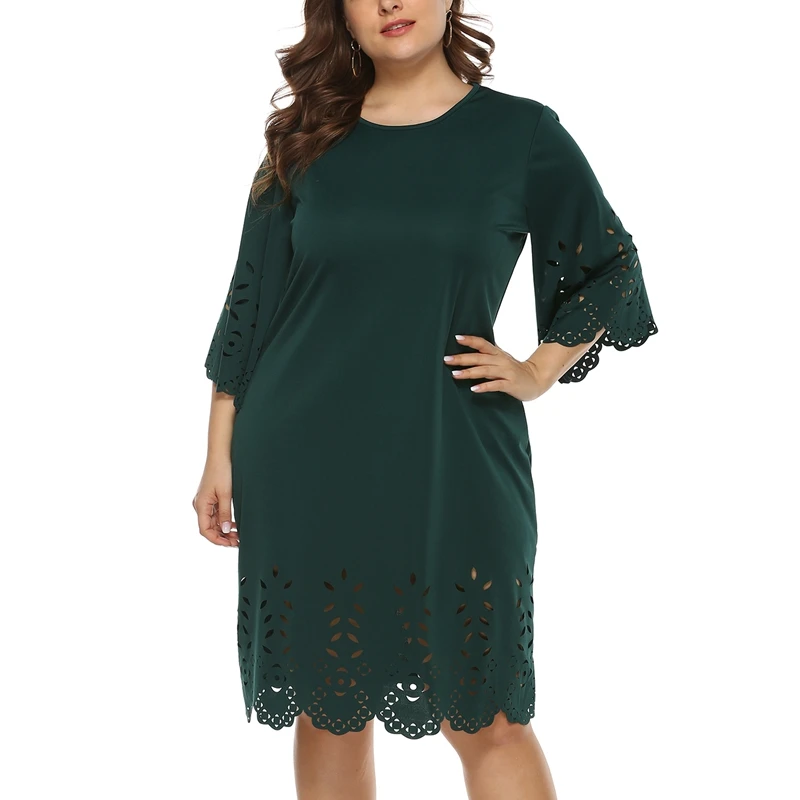 

Women'S Plus Size Solid 3/4 Sleeve O-Neck Hollow Casual Dress