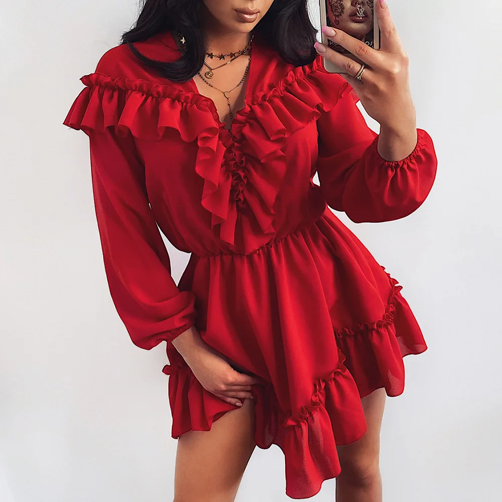 

MosiMolly Red Dress Women Ruffle Xmas Dress V neck Boho Beach Dress