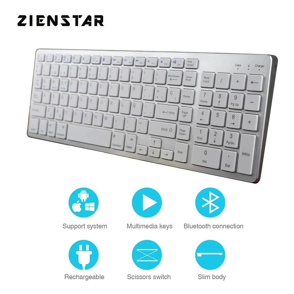 Zienstar Spanish Bluetooth Keyboard Rechargeable Wireless with Number Pad Full Size Design for Laptop PC Tablet Windows IOS | Компьютеры и