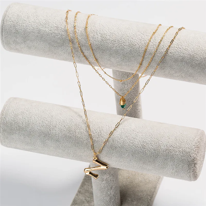

Chic Multi Layer Green Stone A-Z 26 Letter Alphabet Gold Necklace&Pendant Women Gold Link Chain Boho Jewelry Friend Gift
