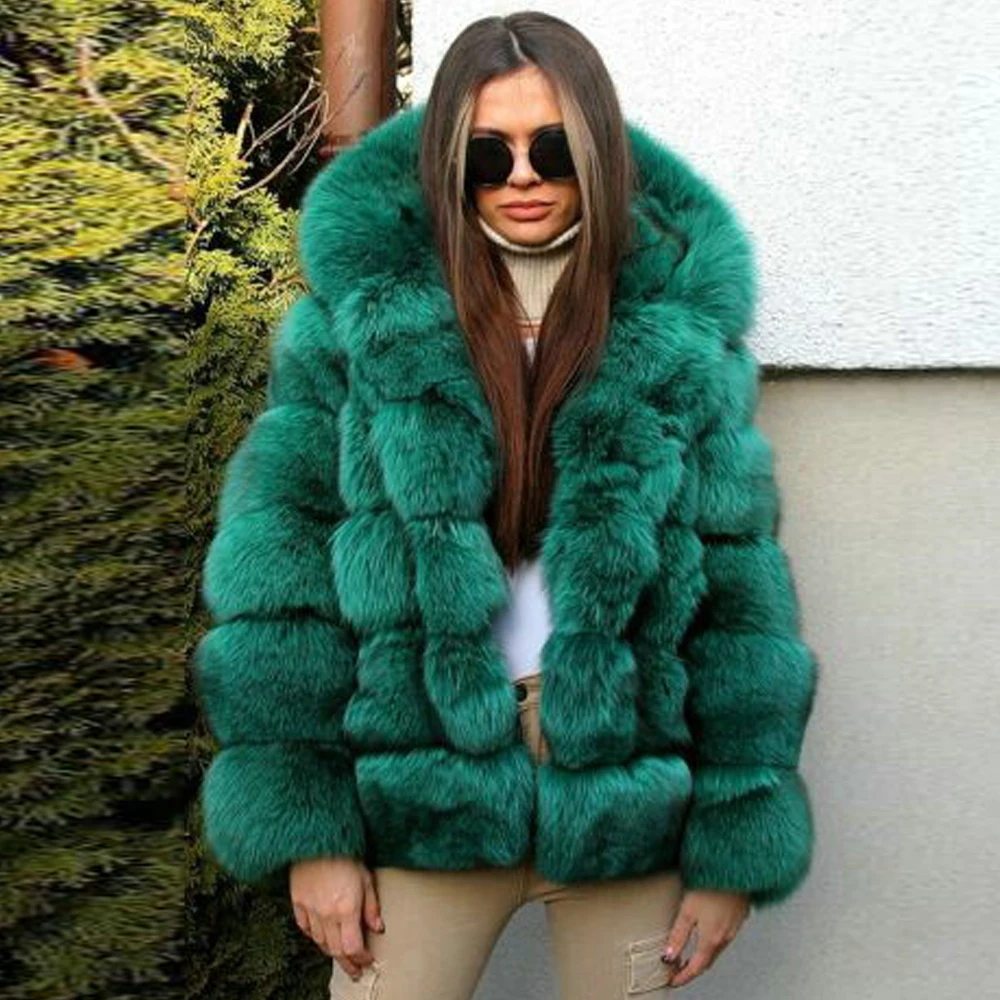 Enlarge Winter Fashion Real Fox Fur Jacket with Hood Thick Warm Fur Overcoats Woman New Genuine Full Pelt Fox Fur Coats Outwear Female
