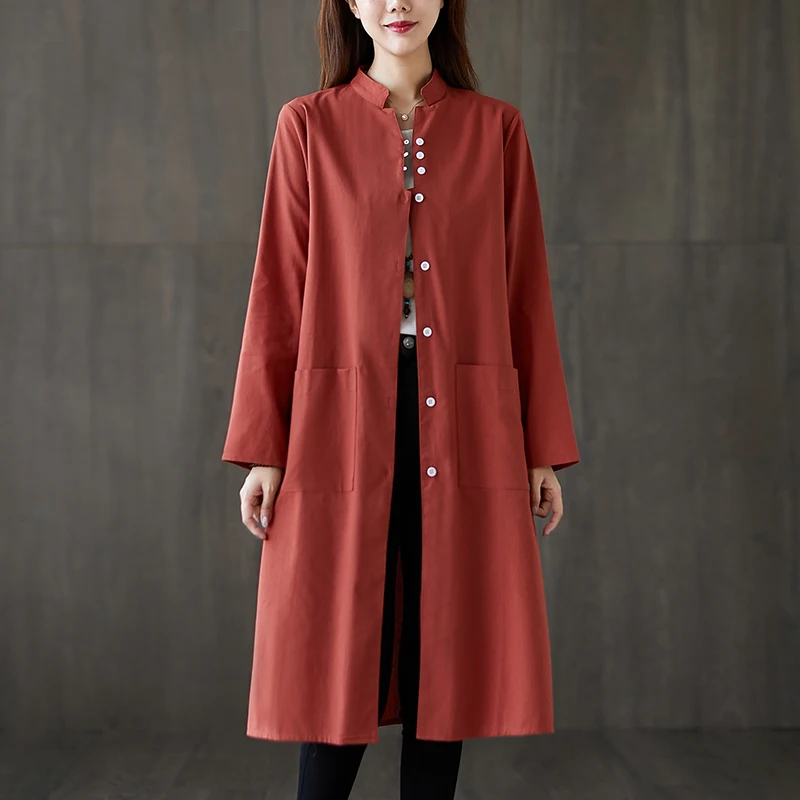 

Женское платье-рубашка средней длины, свободное хлопково-льняное платье большого размера с длинным рукавом в ретро-стиле, весна 2021