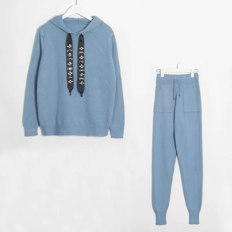 Blue Gray Wixra, женский свитер, костюмы и комплект, Повседневный свитер с капюшоном, вязанные длинные штаны, 2 шт., комплекты одежды, спортивные костюмы, брюки+ джемперы - Цвет: Blue Gray