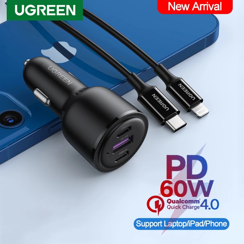 

Автомобильное зарядное устройство Ugreen, 69 Вт, USB Тип C PD QC 4,0 3,0, быстрая зарядка для iPhone 13 12 Samsung, зарядное устройство для ноутбука