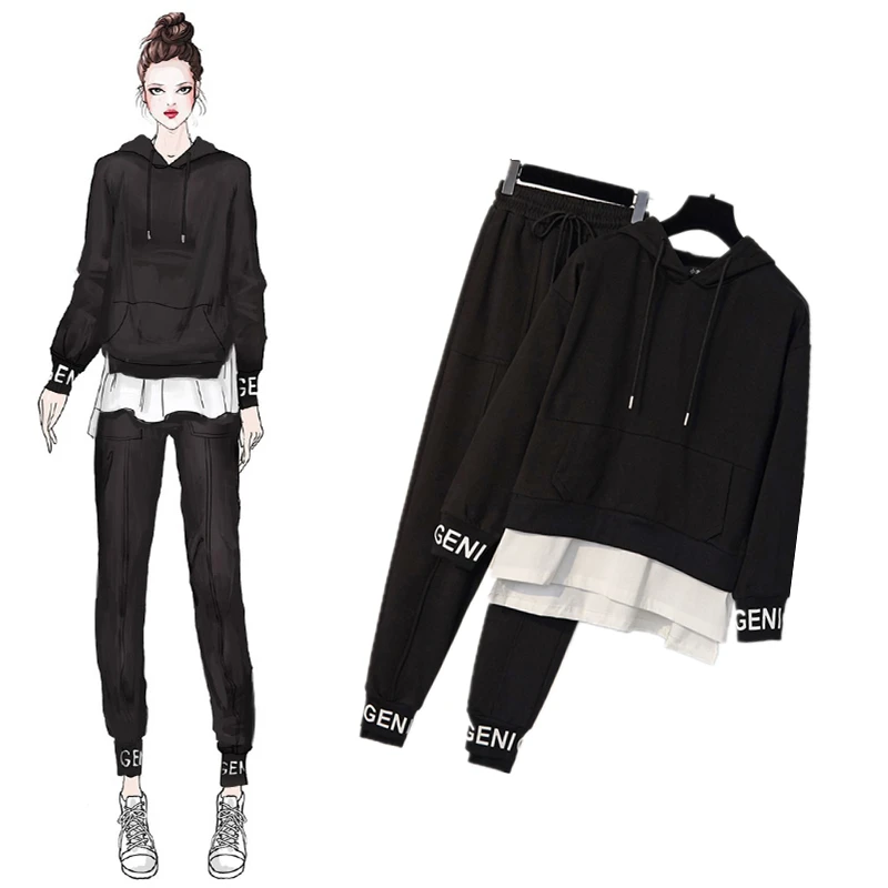 Большой размер Женская толстовка с капюшоном + повседневные штаны эластичной