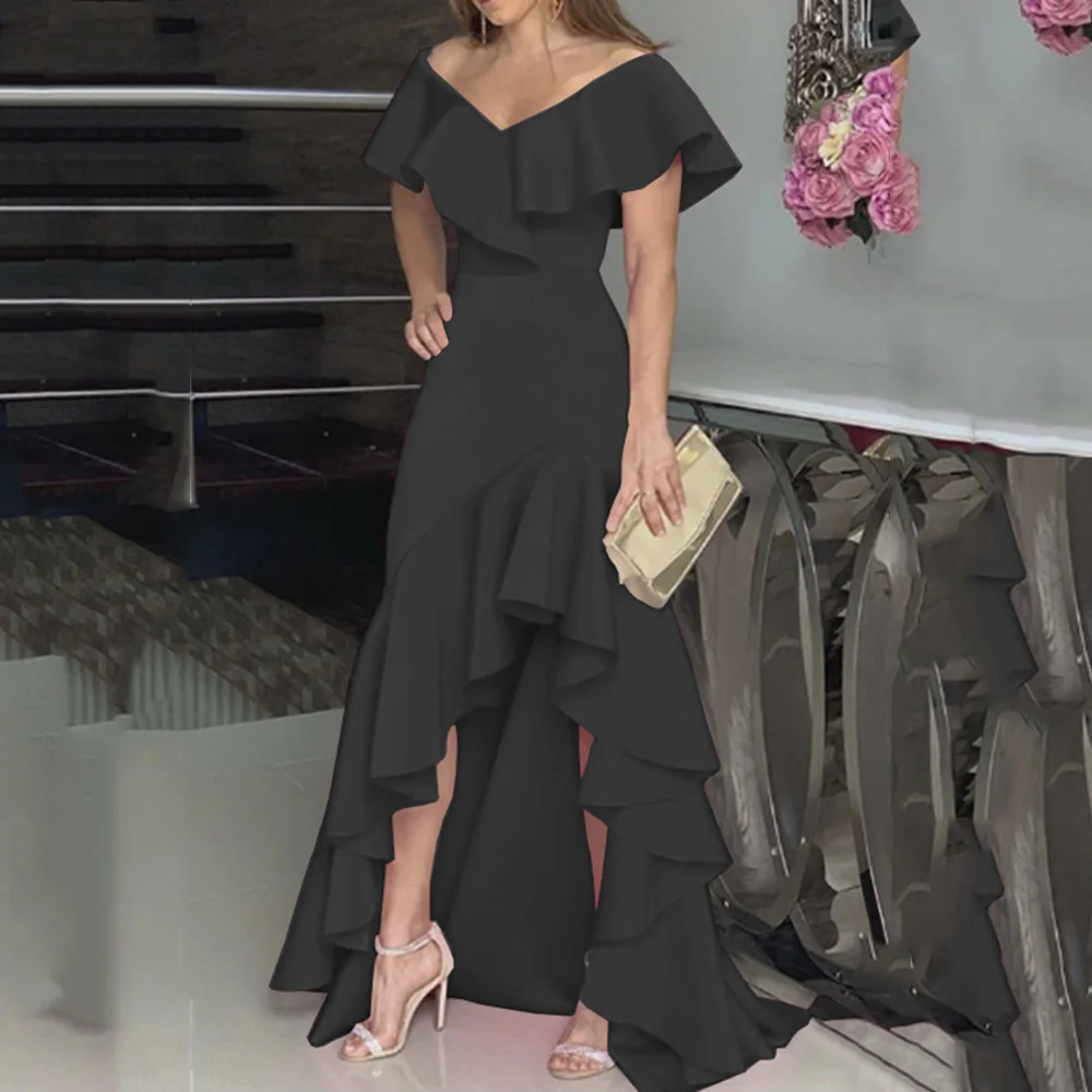 Женское длинное вечернее платье элегантное асимметричное с оборками черные