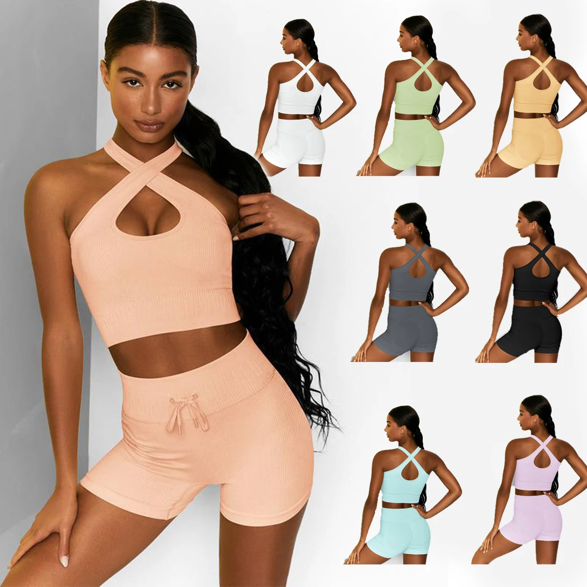

2PCS Women Yoga Set Vest Shorts Workout Sportswear Gym Clothes Crop Top High Waist Leggings Sports Suit 2021 New