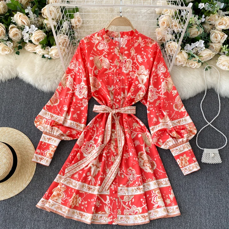 

2021 Vintage Red Slim Dresses Women Office Lady Y2K Floral Printed OL Dress Fashion Long Sleeve Vestidos Clothes Wear D600