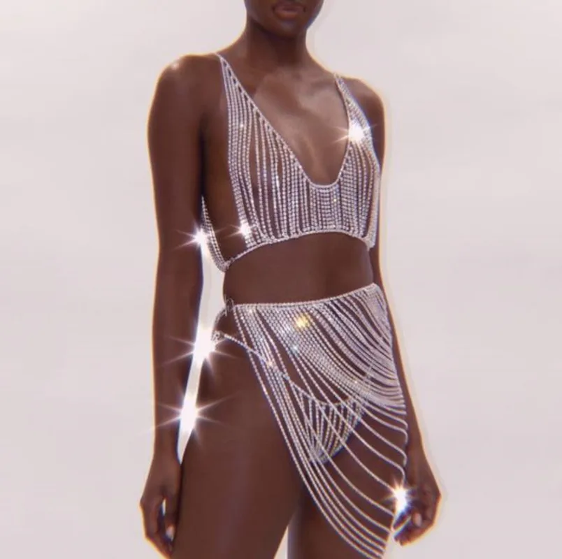 

Hot Sexy Rhinestone body chain bikini Tassels Three-point thong bra chain Lumbar chain Belly dance clothes Chest chain портупея