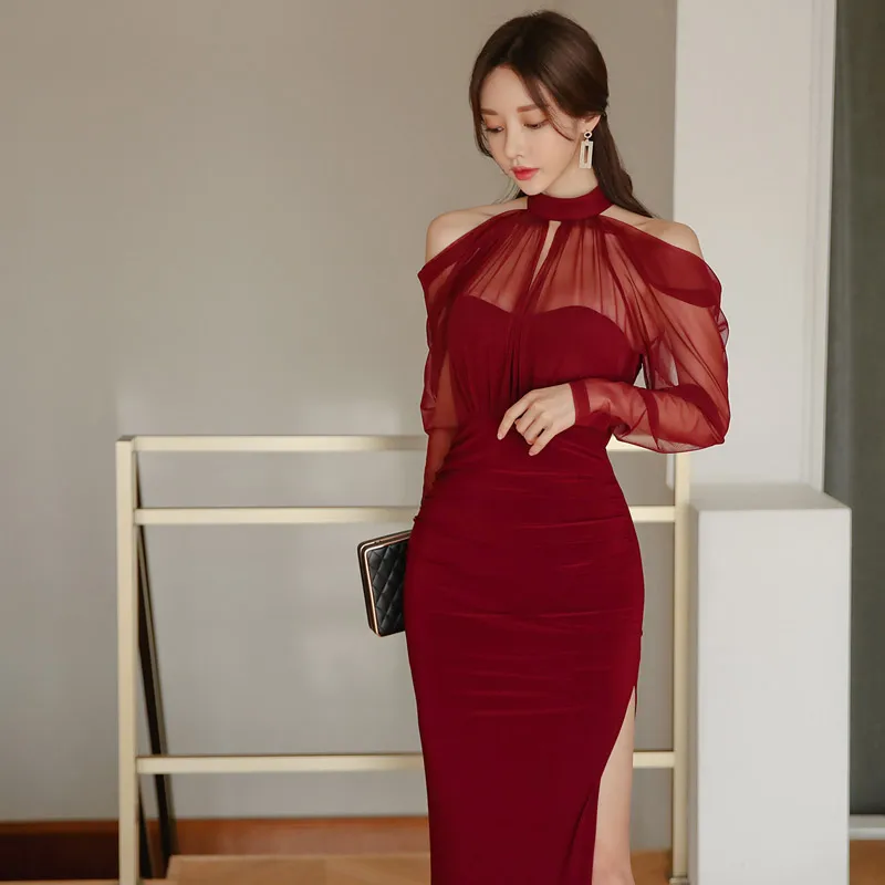 Женские платья для гостей CINESSD 2019 Красные кружевные с открытыми плечами без