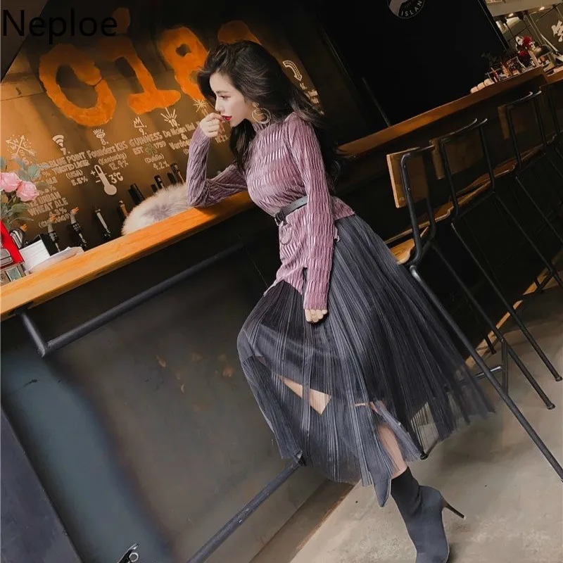 Neploe одежда для зимы и осени chandal Velet тонкий пояс Топ + Высокая талия сетчатая юбка в