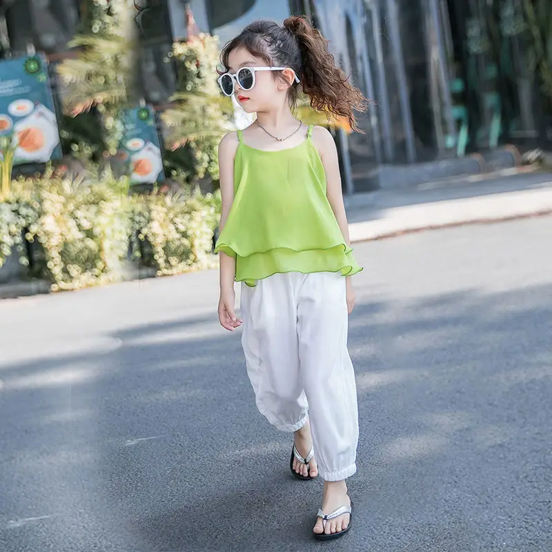

Summer Girls Clothes Sets 2021 Kids Clothes Girl Chiffon Vest +Pants Children Clothing Set 5 6 7 8 9 10 11 12 14 Years
