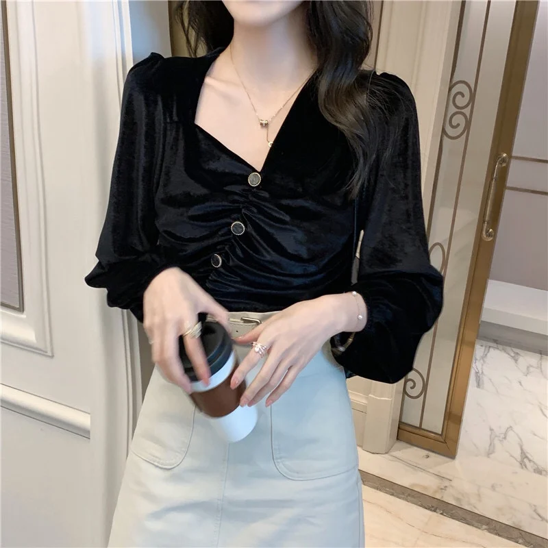 Women Blouse Gold Velvet Irregular Collar Short Lace Bottoming Shirt Slim Top Autumn Winter Female's Blouses Fashion Clothes