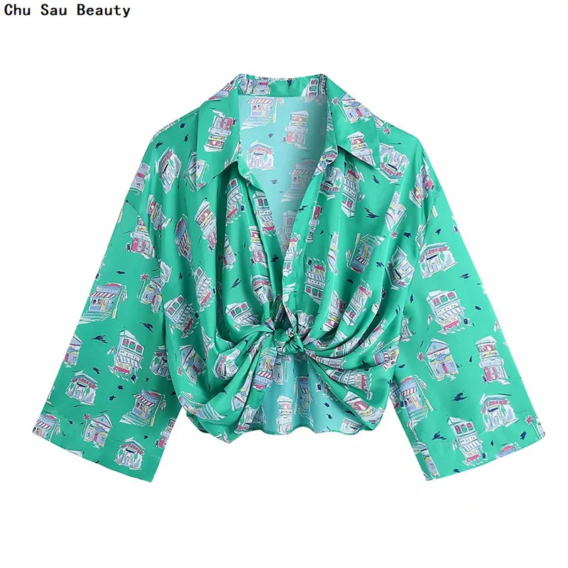 

Chu Sau Beauty Summer Women's Bowknot Decorative Printed Shirt 2021 Green Retro Long Sleeve Asymmetrical Hem Fashion Shirts