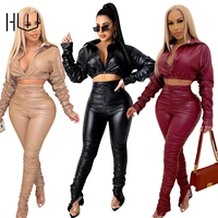 fall pu faux leather clothing sets pant suits trouser suits long sleeve v neck short tops slim skinny pants womens tracksuit