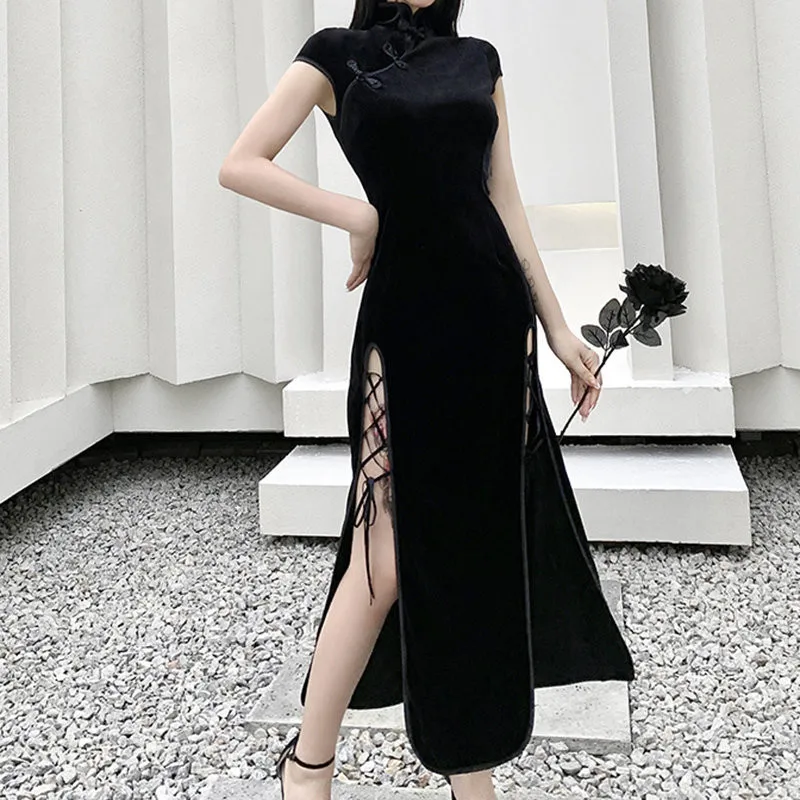

Female Chinese Style Dresses Women Dress Black Slim Long Vestido Side Bandage Mandarin Neck Elegant Split Cheongsam Maxi Qipao