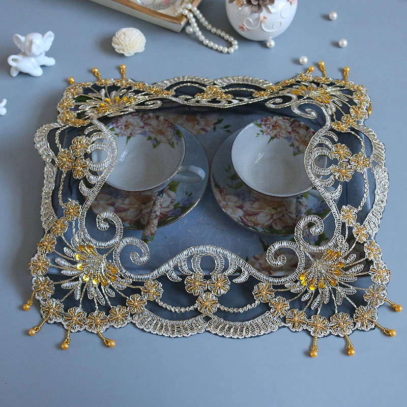 

European Square Lace Sequins Embroidered Bead Pendant Luxury Placemat Coaster Food Snack Bedroom Balcony Coffee Party Table Mat