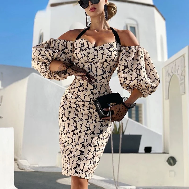 

Ladies Dress Off Shoulder Puff Sleeve Printed Tight Mid-length Dress Sexy Long Sleeve Casual Dress