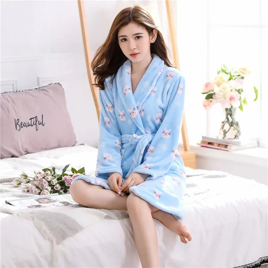 Коралловый флис сексуальное ночное белье домашняя одежда женское кимоно платье фланелевый Халат ремень пижамы теплая Пижама банный халат ночная рубашка - Цвет: Blue