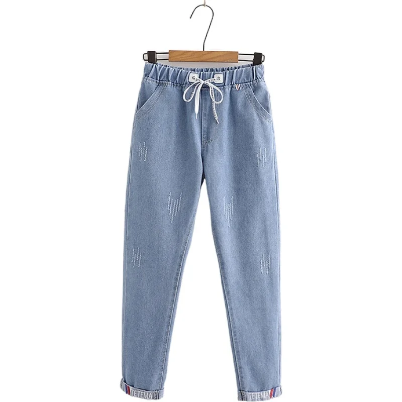 

Women Jeans Blue Letter Embroidery Scratched Washed Pencil Casual Denim Pants 2021 Autumn Elastic Waist Ladies Basic Trousers