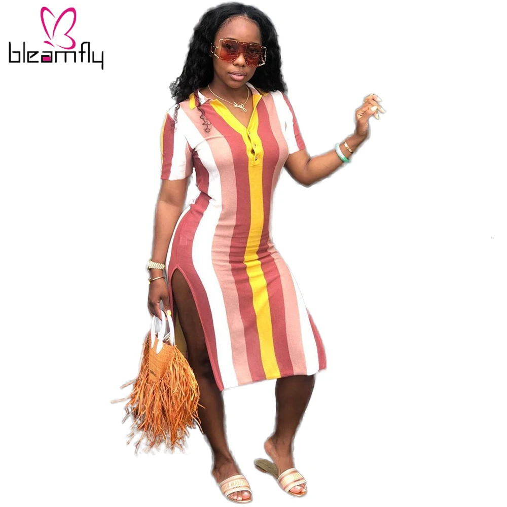 2019 летнее женское модное платье миди с коротким рукавом и полосатым принтом