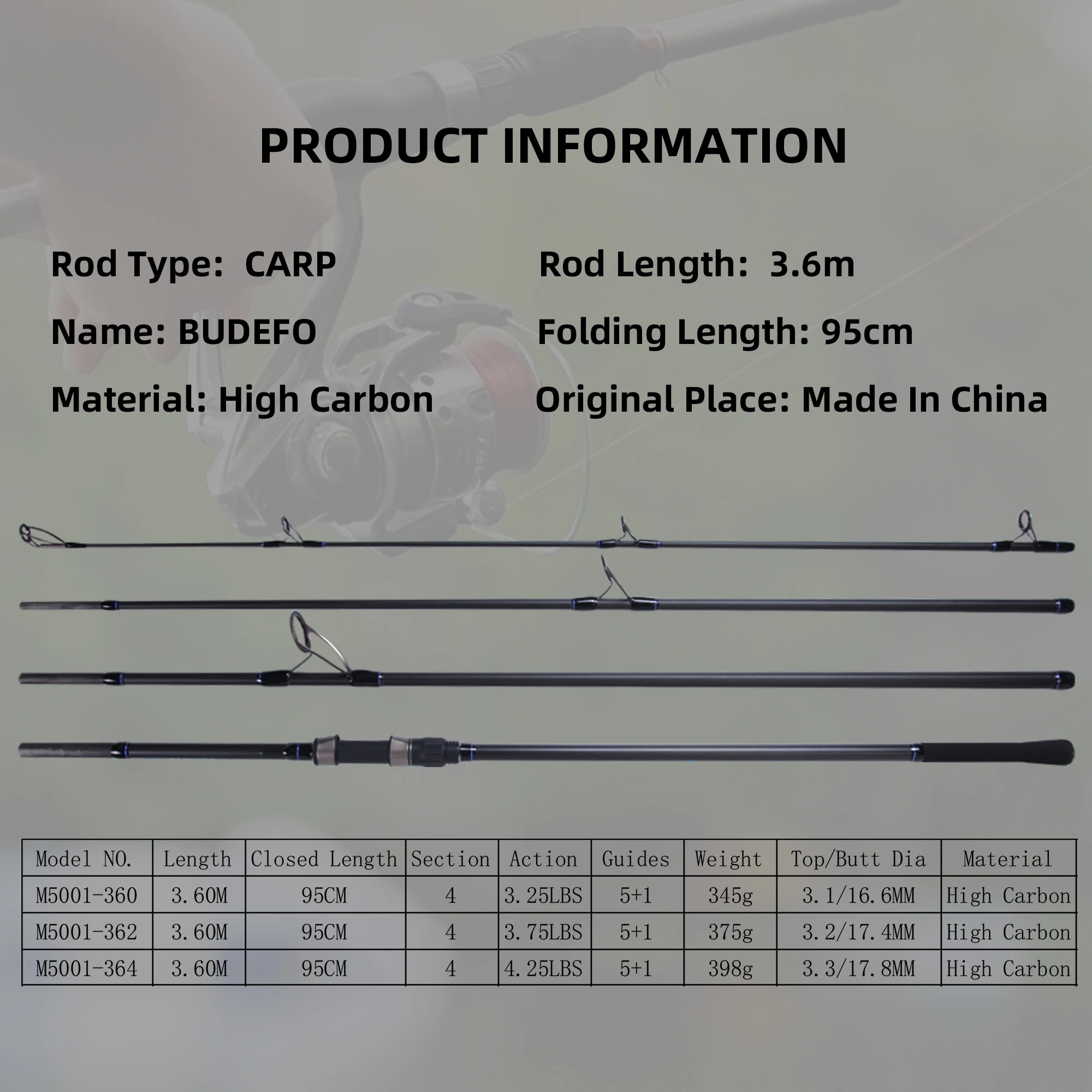 MIFINE BUDEFO High Carbon Casting Spinning CARP Fishing Rod 3.25/3.75/4.25LB 3.6/3.9M Throw Distance 80-160M Hard Surf Pole enlarge