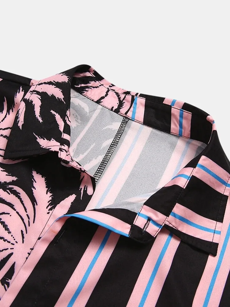 New Male Summer Green Fall Maple Leaf Stripe Color Matching Tops Men Personality Design Casual Short Sleeves Blouse Adult Boys
