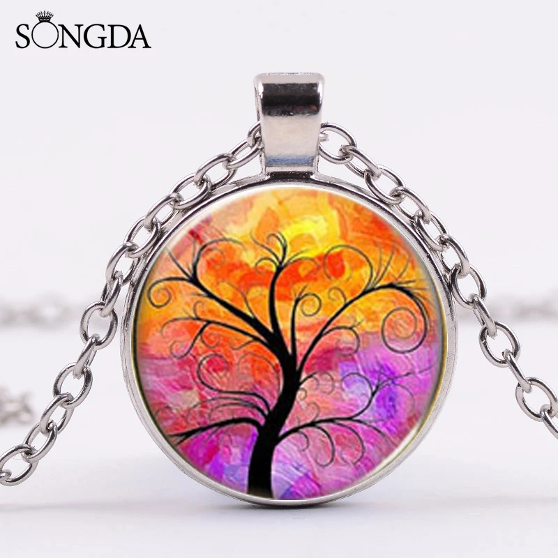 Винтаж Древо жизни заявление ожерелье кабошоны разрисованные изделия из стекла