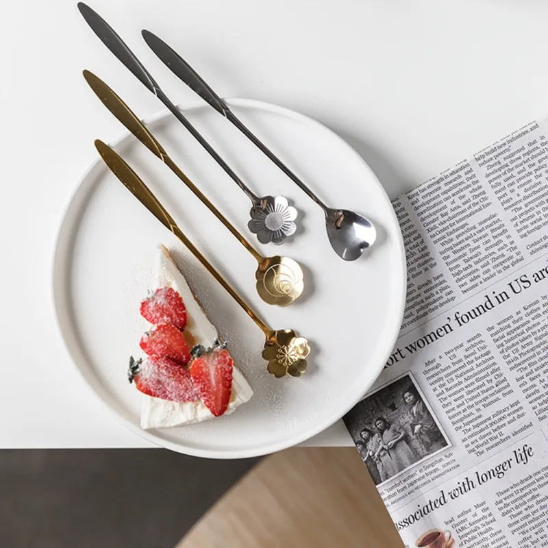 

Stainless Steel Spoon Tea Coffee Mixing Spoon with Long Handle Vintage Design Flowers Shape Household Tableware