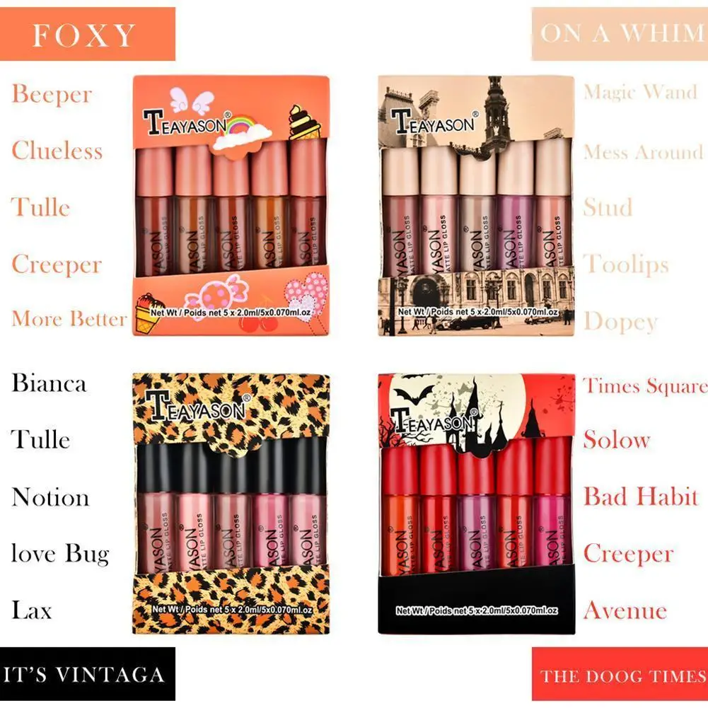 

5pcs Mini Matte Matte Lip Glaze Set Box Non-stick Cup Pumpkin Color Lip Lipstick Gloss Nude V3O9