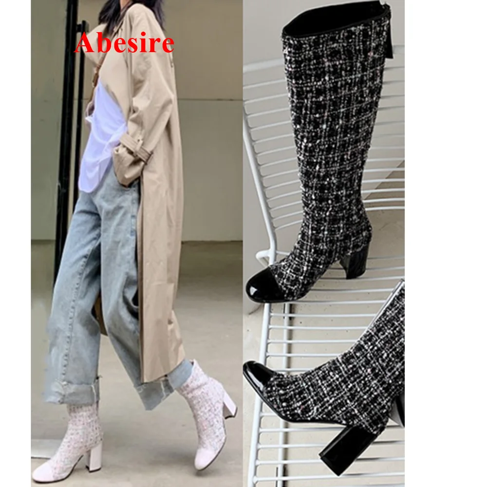 

Round Toe Woolen Cloth Boots Patent Leather Short Boots Block Heel Back Zipper New Arrival Fashion Women Shoes Winter Special