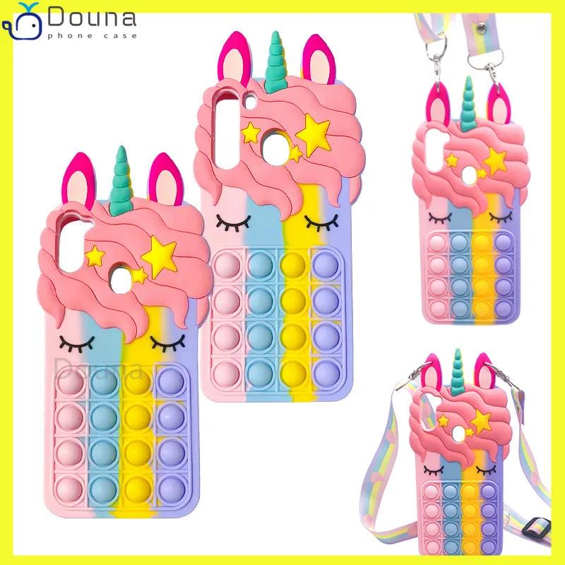 3d cute unicorn lanyard case for xiaomi redmi 9a note 10 9 8 pro 9s 10s poco m3 relieve stress pop push bubble soft phone cover free global shipping