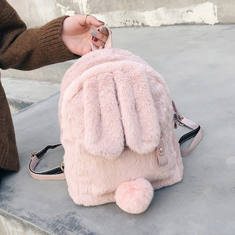 

Women Cute Rabbit Ears Backpack Faux Fur Shoulder Bag Fluffy School Bag Satchel Rucksack