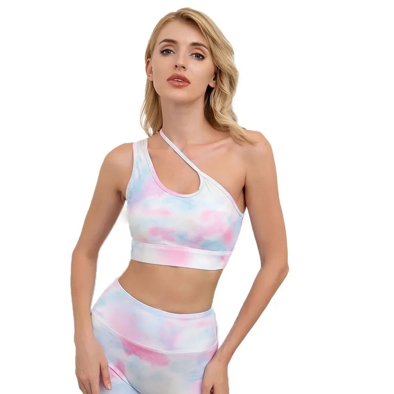 

Fashion Sports Suits Diagonal Shoulder Gym High Waist Leggings Workout Clothing Women Digital Printing Yoga Sets Vest Pants