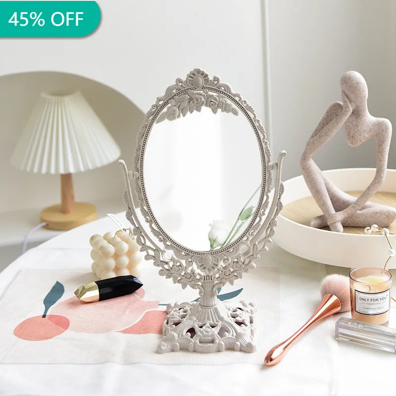 

Nordic Tabletop Makeup Mirror Vintage Elegant Double Sided Swivel Vanity Mirror Bedroom Mirror Ins Table Room Glass Mirror