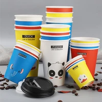 50pcs disposable thick paper cups cartoon animal pattern coffee hot drink cups color mixed milk tea packaging cups with lid