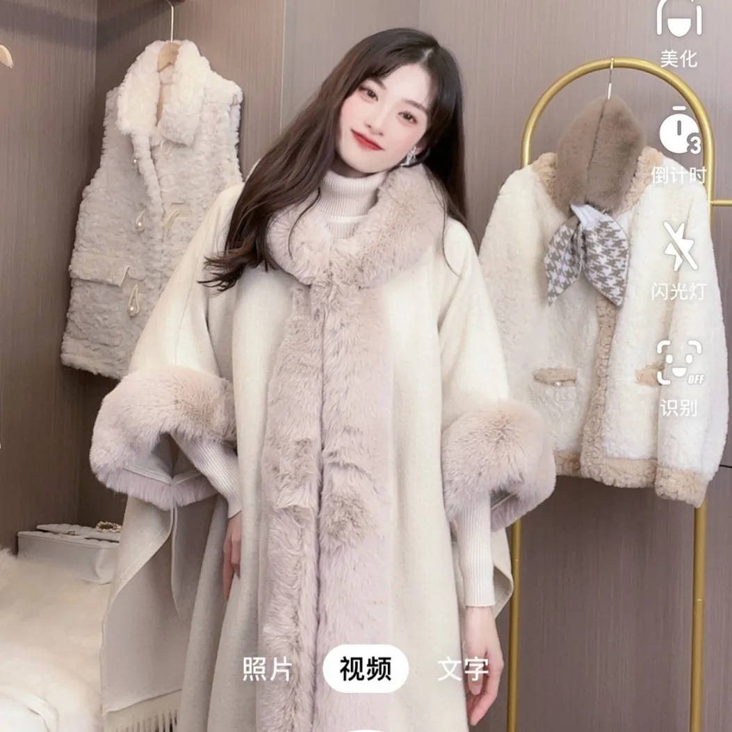 

QILA Hot Thick Elegant Solid Color Poncho Cape Shawl Winter New Rabbit Fur Collar Hooded Large Size Woolen Coat for Women