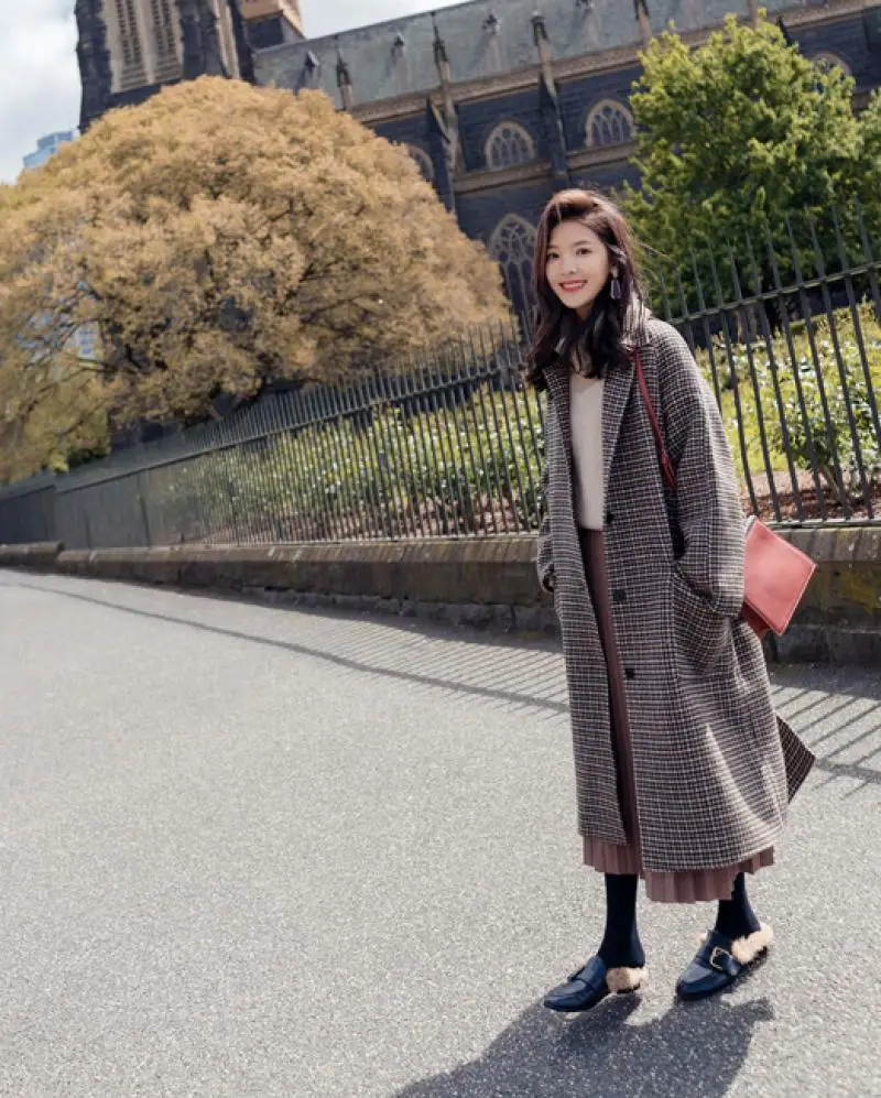 

Lady 2020 Vintage Overcoat Outers Outwear Winter Blends Wool Coat Plaid Women'S Long Woolen Coats Warm Fleece Office Woman 2020