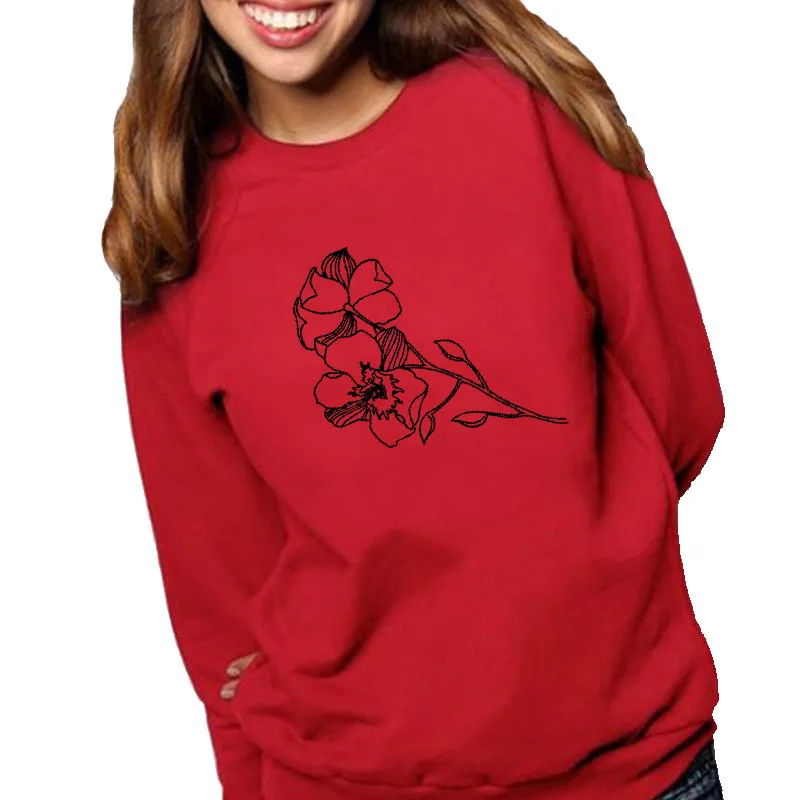 

Women Hoodie Sketch Rose Printed Hoodies Women Fleece Long Sleeve O Neck Loose Sweatshirt Girls Pullovers Winter