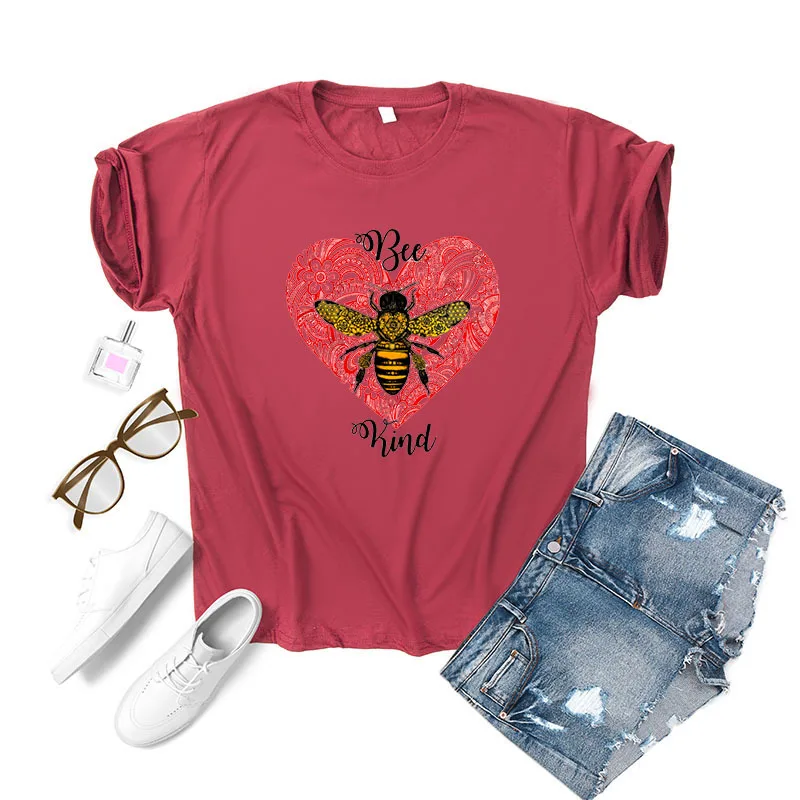 

Women lovely Bee Kind T-shirt Aesthetics Graphic Short Sleeve Cotton Polyester T Shirts Female Camisetas Verano Mujer