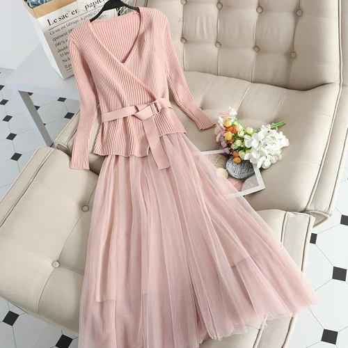 pink Neploe осень зима маленький аромат кружева Camis лоскутное Средний длинный трикотажный свитер платье два вида Женский комплект элегантный 46695 - Цвет: pink