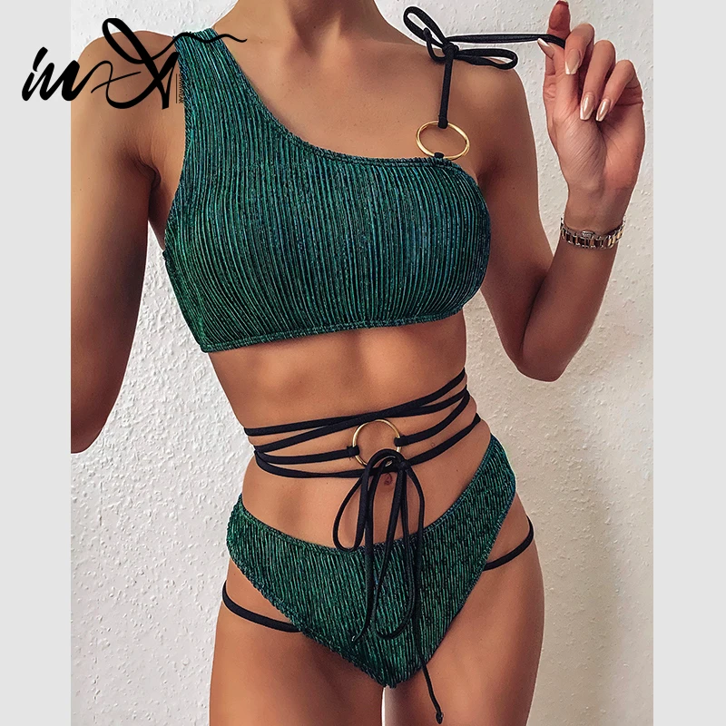 Женский купальник на одно плечо In X зеленый в рубчик бикини 2020|Купальники| |