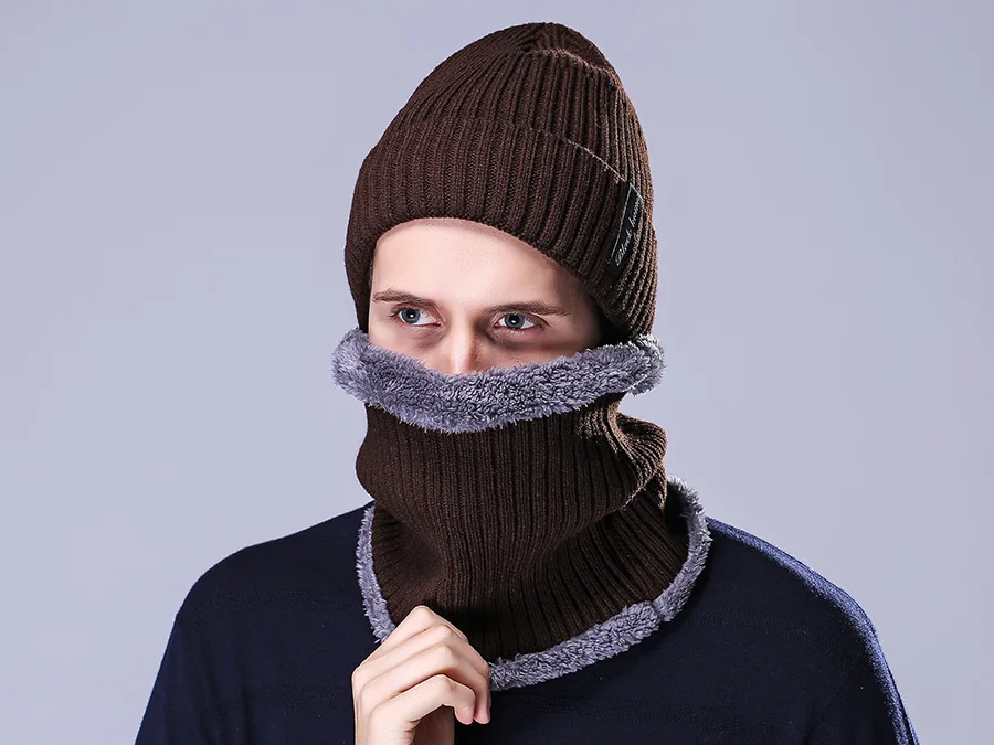 Зимние шапки для мужчин бини теплая вязаная шапка Skullies шапка шарф наборы с бархатными воротниками вязаная шапка модная ветрозащитная