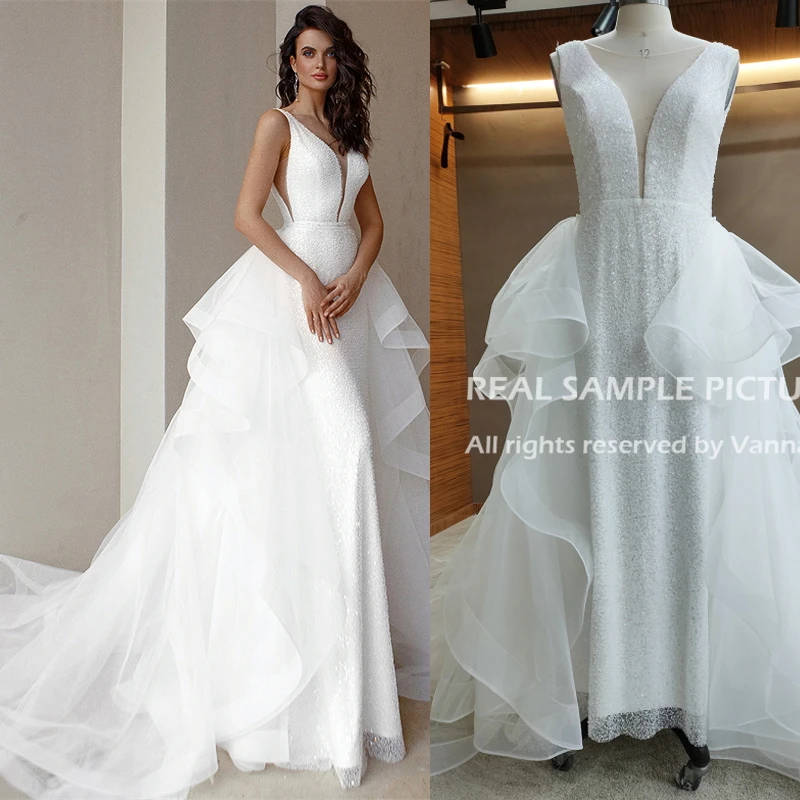 

10141# 100% Real Photos Ready To Ship A-Line Backless V-Neck Lace Plus Size Wedding Dress Detachable Train Bride Dress